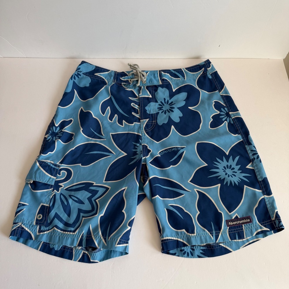 Y2K Abercrombie & Fitch Floral Board Shorts 36 Blue Hawaiian Surf Swim Trunks